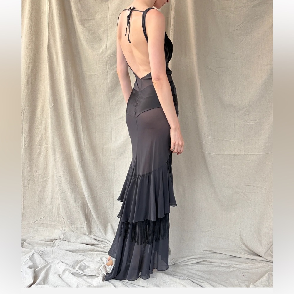 RARE Y2K Victoria’s Secret 2004 silk paneled fringe plunge slip maxi dress XS